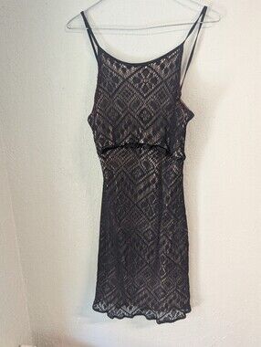 Vtg Y2K Black Lace Overlay Dress L Whimsigoth Goth Festival Indie Crochet Nude